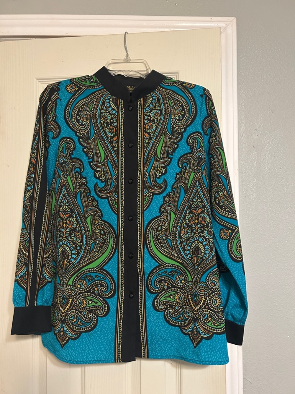 Bob Mackie wearable art teal paisley blouse